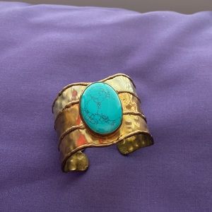 Handmade Brass Metalic Bracelet with large oval turquoise stone in the center